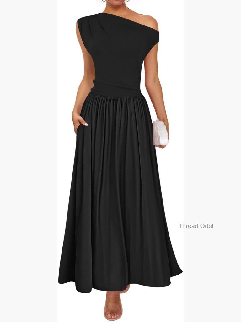 Sleeveless Maxi Dress With Pockets, One Shoulder, Slim Fit, Formal Casual